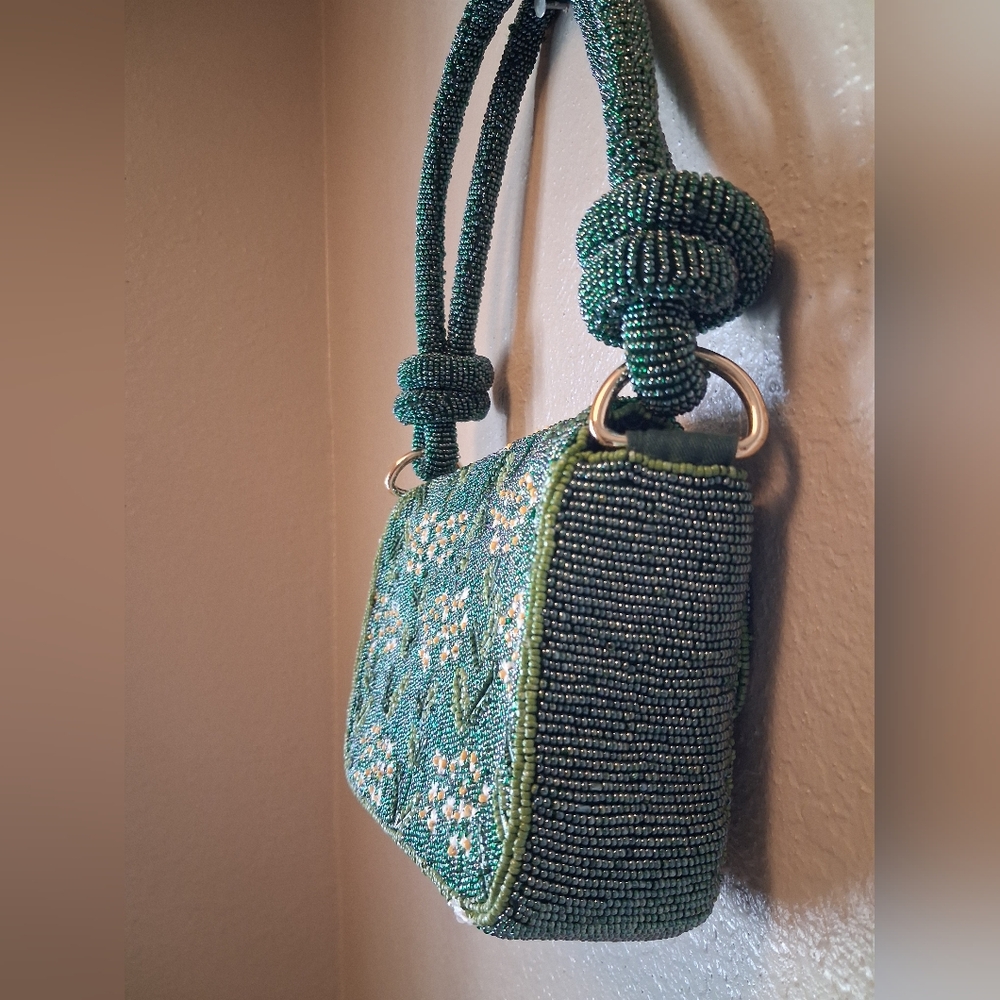 Anthropologie Green Floral Beaded Shoulder Bag - Picture 6 of 6